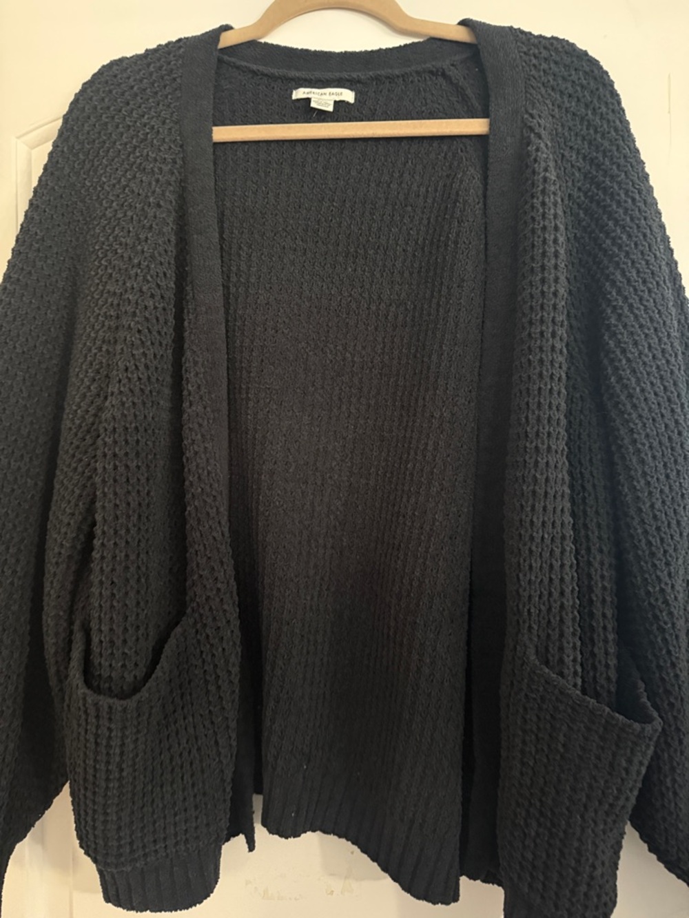 American Eagle Outfitters Black Waffle-Knit Open Cardigan